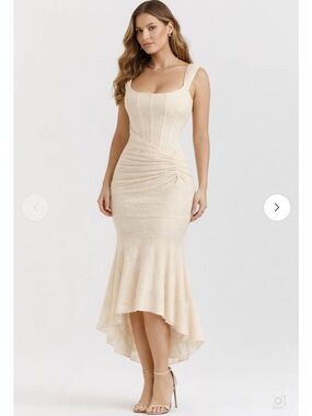 Sleeveless Cream High-Low Ruched Lace Midi Dress